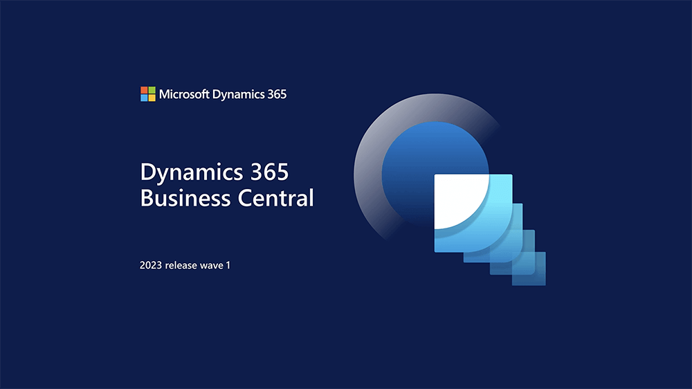 Microsoft Dynamics 365 Business Central 2023 Wave 1 reklambild med abstrakta blå geometriska former och texten "2023 release wave 1" på en mörkblå bakgrund.