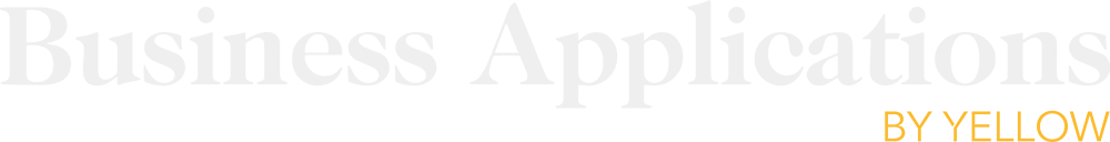 Svagt grå text som lyder Business Applications i bakgrunden, med BY YELLOW skrivet i fet orange text i nedre högra hörnet.