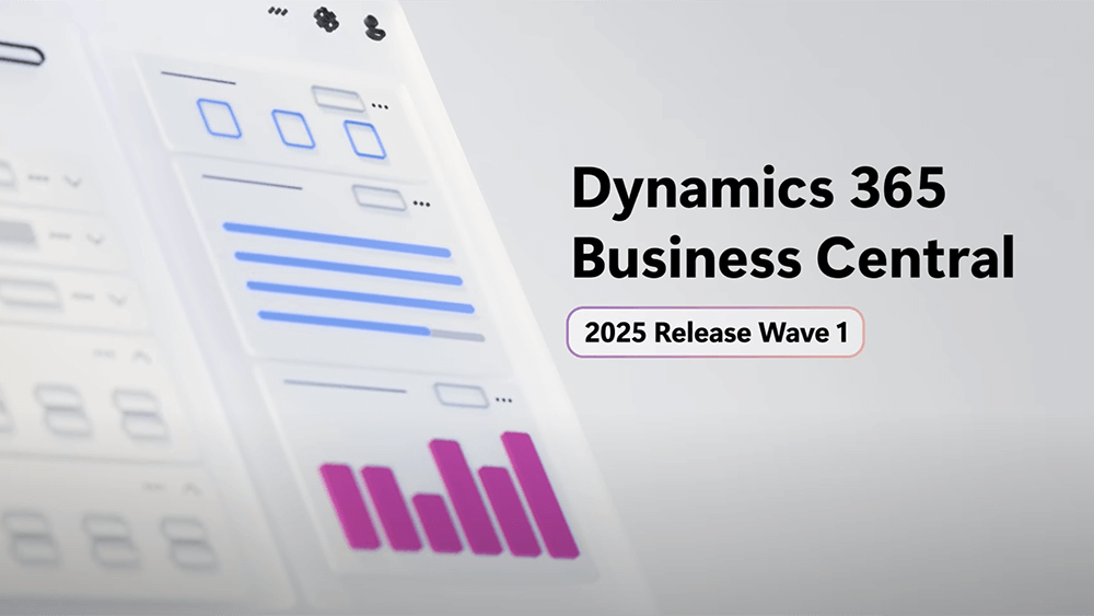 En stiliserad skärm med diagram och gränssnittselement visas bredvid texten Dynamics 365 Business Central 2025 Release Wave 1, mot en ljus bakgrund.