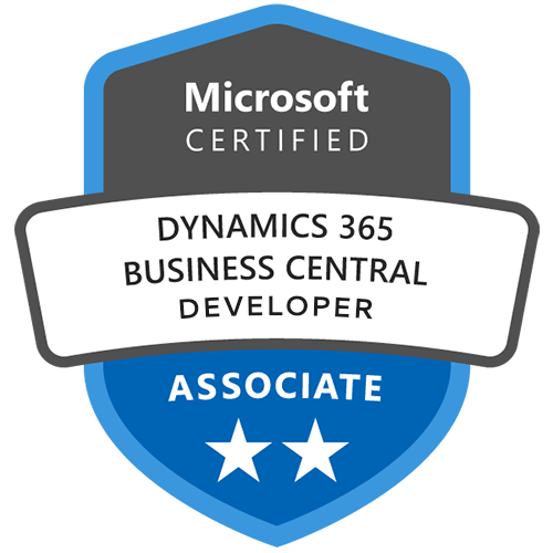 Badge med Microsoft Certified högst upp, Dynamics 365 Business Central Developer i mitten och Associate med två stjärnor längst ner. Badgen har blå, vita och grå sektioner.