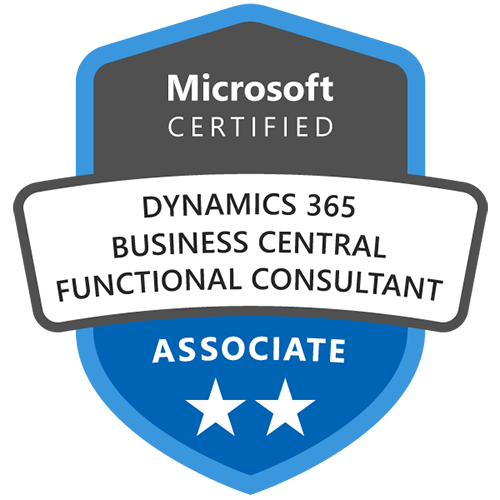 En badge med Microsoft Certified högst upp. Nedan står det Dynamics 365 Business Central Functional Consultant Associate med två stjärnor längst ner. Märket är blått, grått och vitt.