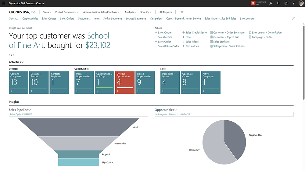 Dashboard-skärmdump från Business Central Försäljning Order visar toppkund (School of Fine Art, 23 102 USD), försäljningspipeline, ett cirkeldiagram med möjligheter och rutor som sammanfattar försäljnings- och möjlighetsstatus.
