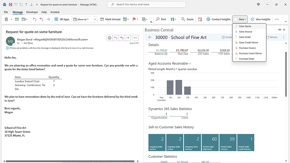 Skärmdump av en e-postklient som visar ett e-postmeddelande med en möbelförfrågan till vänster och Business Central Försäljning Orderstatistik till höger, inklusive försäljning, kundstatistik och finansiell data. En användarmeny är öppen längst upp till höger.
