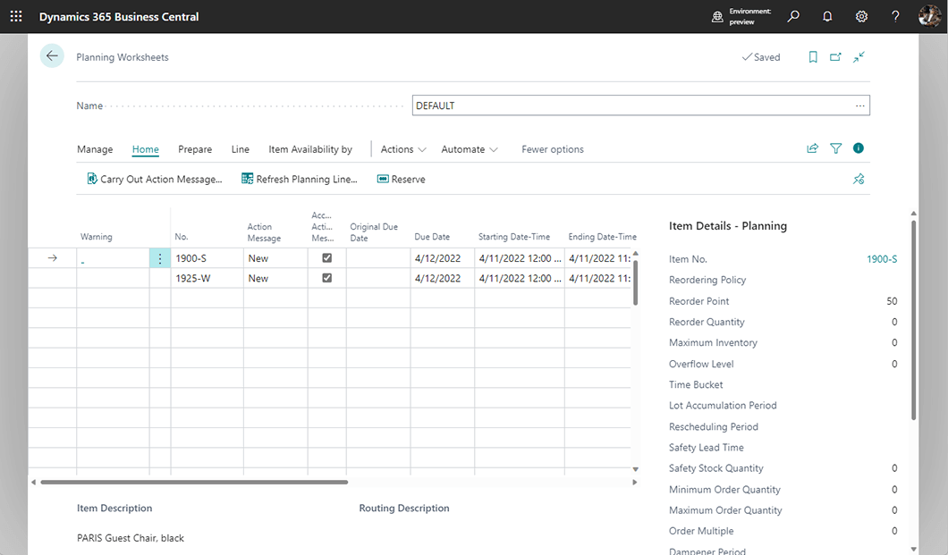 Skärmdump av fönstret Dynamics 365 Business Central Planning Worksheets, som markerar artikeldata och åtgärdsmeddelanden för Business Central Tillverkning, med ett sidofält som visar artikelplaneringsdetaljer och verktygsfältalternativ högst upp.