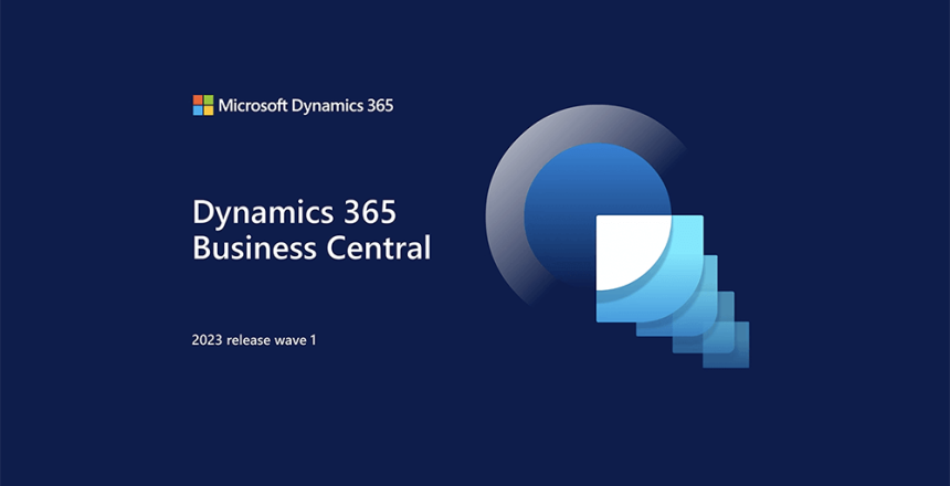 Microsoft Dynamics 365 Business Central 2023 Wave 1 reklambild med abstrakta blå geometriska former och texten "2023 release wave 1" på en mörkblå bakgrund.
