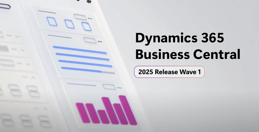 En stiliserad skärm med diagram och gränssnittselement visas bredvid texten Dynamics 365 Business Central 2025 Release Wave 1, mot en ljus bakgrund.