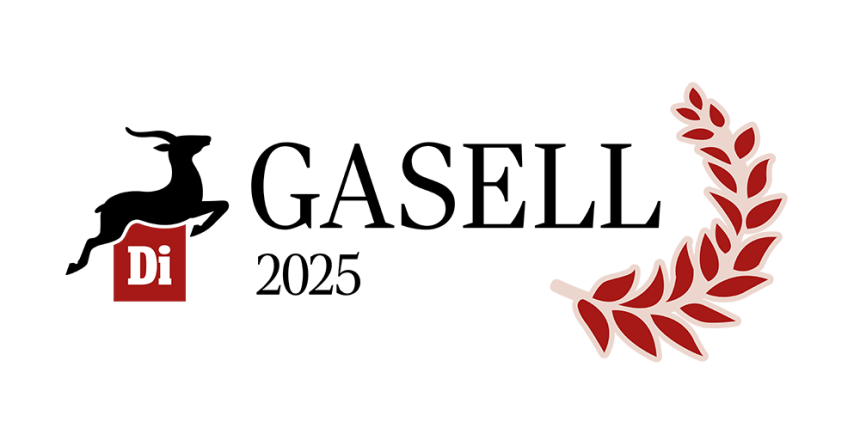 Logotyp för Di Gasell 2025 med en silhuett av en gasell, texten GASELL 2025, en röd kvadrat med Di inuti och en röd lagerkvist till höger.