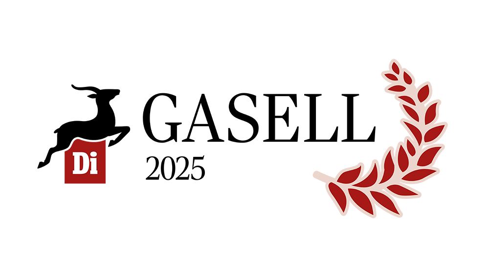 Logotyp för Di Gasell 2025 med en silhuett av en gasell, texten GASELL 2025, en röd kvadrat med Di inuti och en röd lagerkvist till höger.