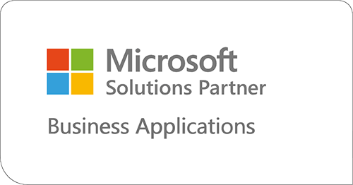 Logotyp för Microsoft Solutions Partner Business Applications, med Microsofts fyrfärgade fyrkantiga ikon till vänster och text till höger, allt på en vit bakgrund med rundade hörn.
